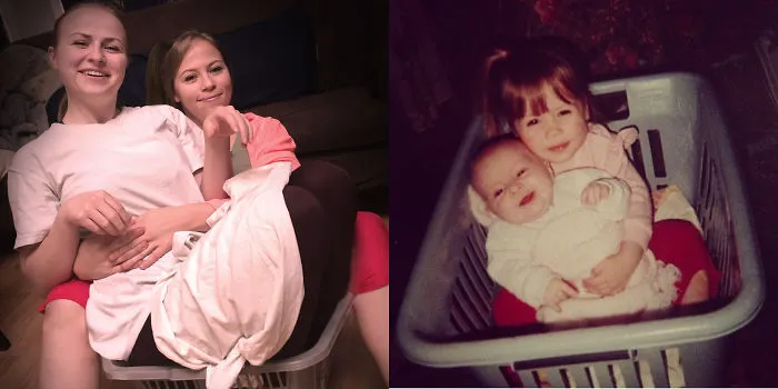 Two sisters humorously reimagine childhood photo inside a laundry basket