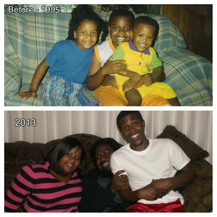 Three siblings smiling on couch in before and after 1995 to 2013 photo