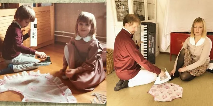 Couple reenacts vintage photo of children playing with cloth and ironing board