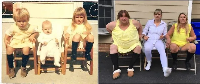Siblings sitting on chairs outdoors wearing yellow dresses, recreated photo