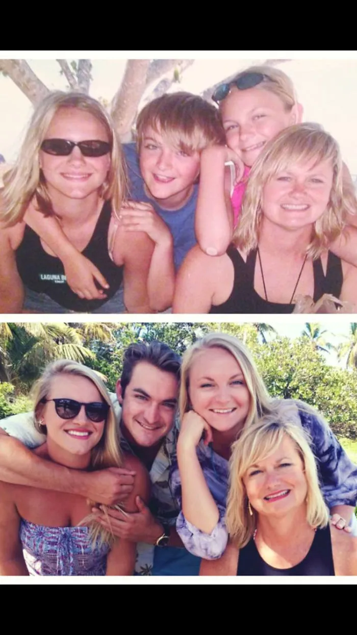 Four siblings smiling outdoors in sunny setting, posing for recreated photo