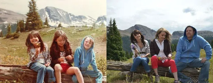 Three siblings sitting on log in mountains recreation childhood photo