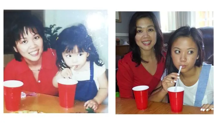 Mother and daughter sharing drinks in recreated sibling childhood photo