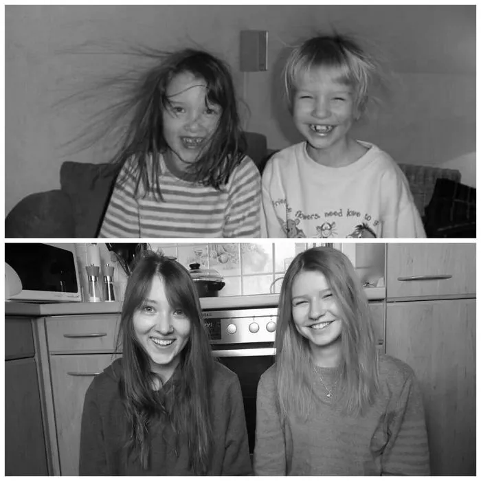 Black and white siblings reenact childhood photo with static hair and big smiles