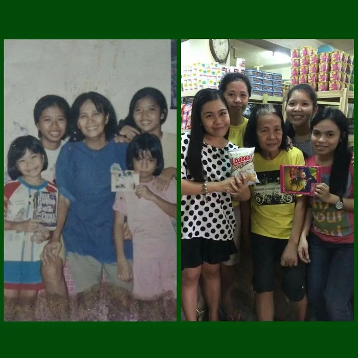 Siblings hilariously recreating a childhood photo inside a store with snacks in the background