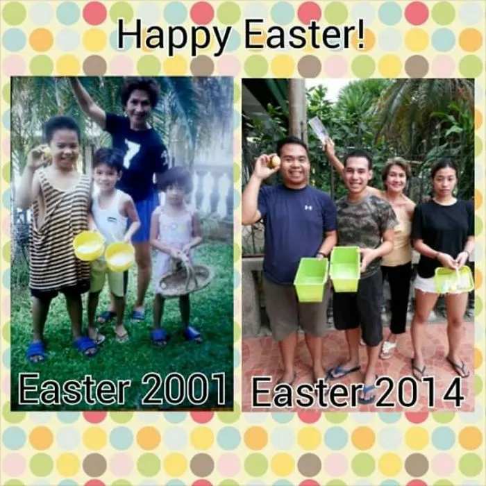 Easter family photo comparison from 2001 to 2014 with kids holding baskets