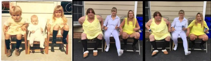 Siblings hilariously recreate their childhood photo sitting on small chairs outdoors