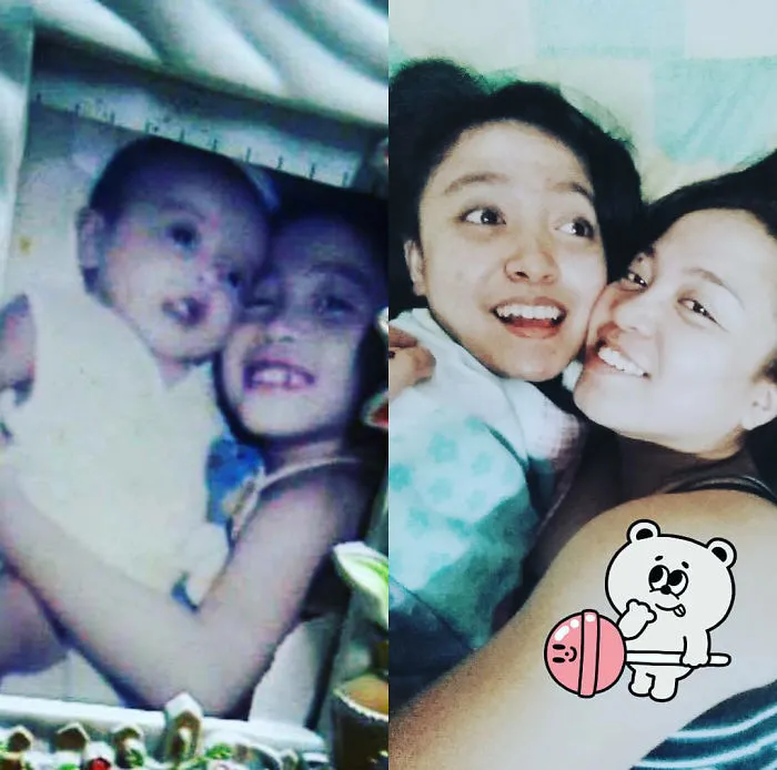 Two sisters cuddling and smiling while recreating an old baby and child photo