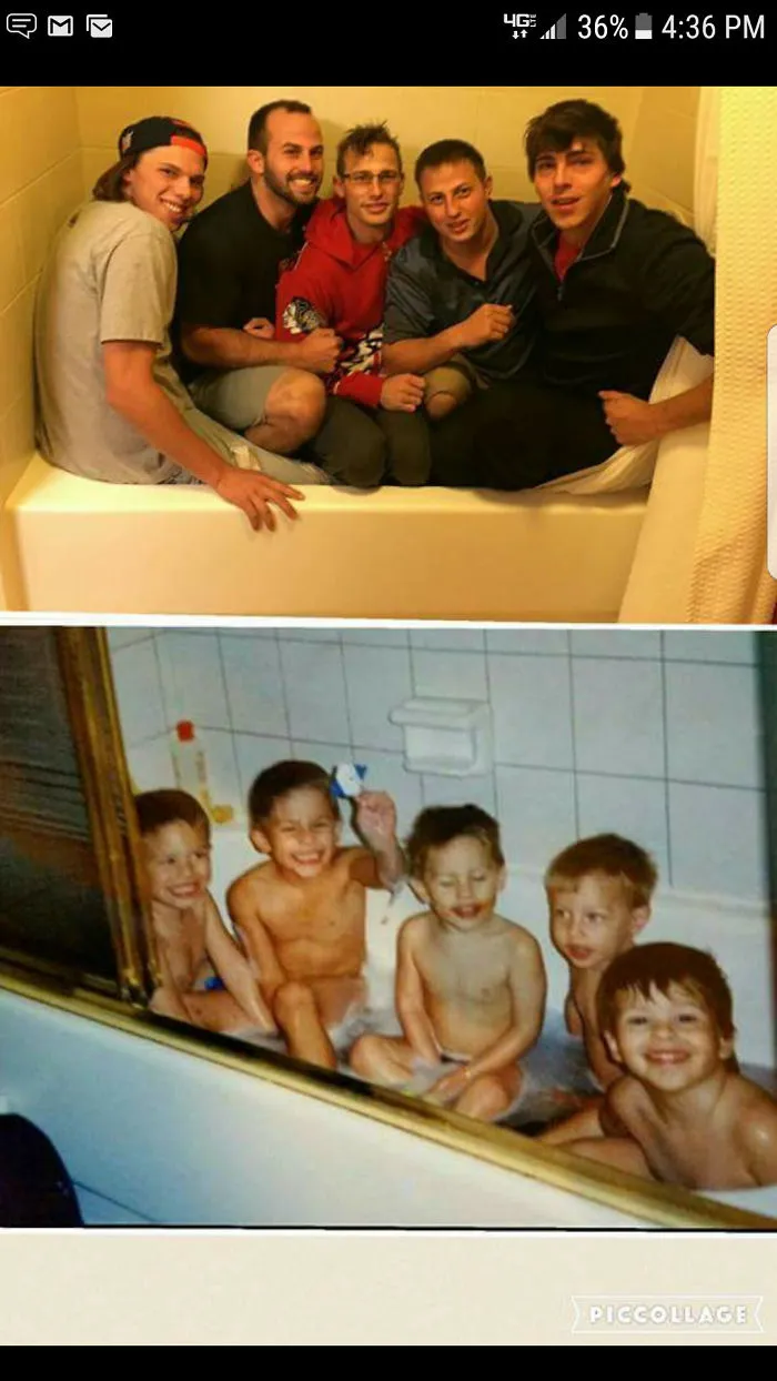 Young men recreate childhood photo sitting together in bathtub