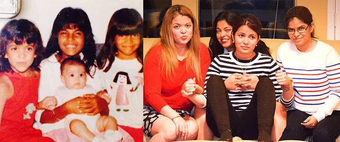 Group of sisters sitting and posing on a couch recreating a childhood photo