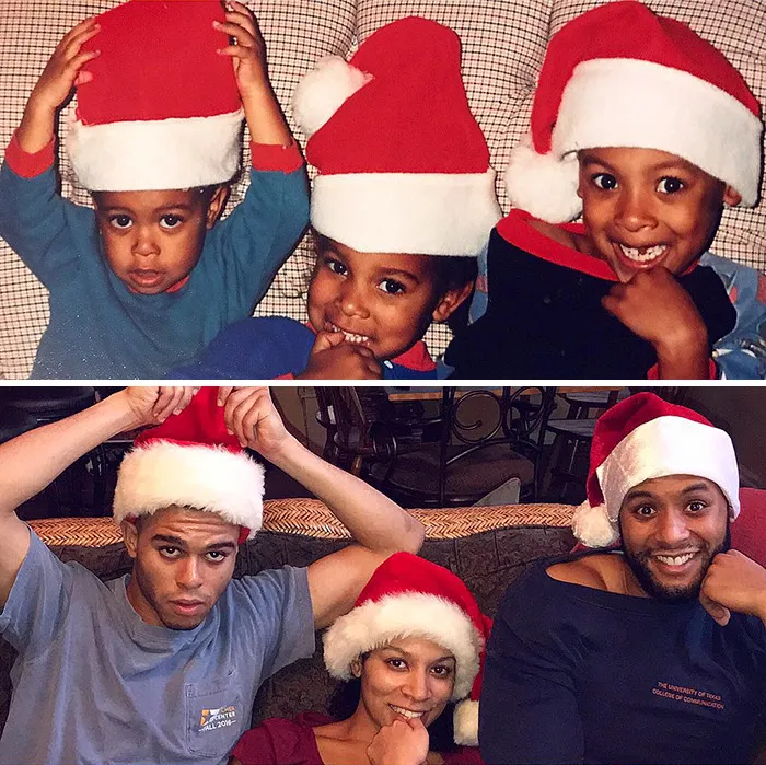 Siblings wearing Santa hats in childhood and adult recreations