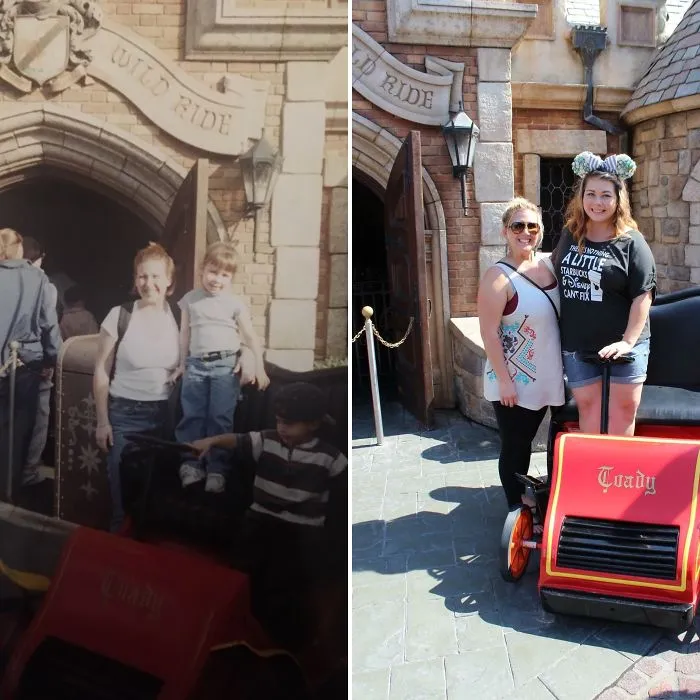 Two siblings recreating childhood photo at an amusement park ride entrance