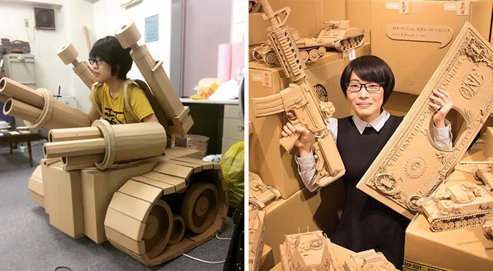 Esta artista japonesa transforma las cajas viejas en tanques, comida y otras esculturas increíbles