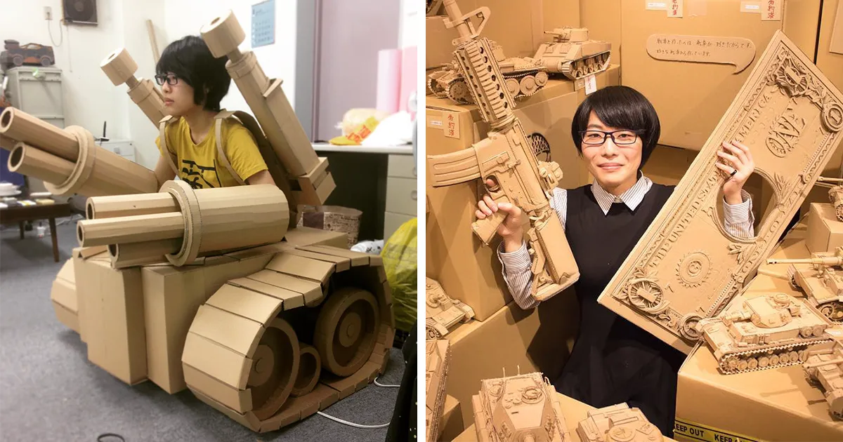 Esta artista japonesa transforma las cajas viejas en tanques, comida y otras esculturas increíbles