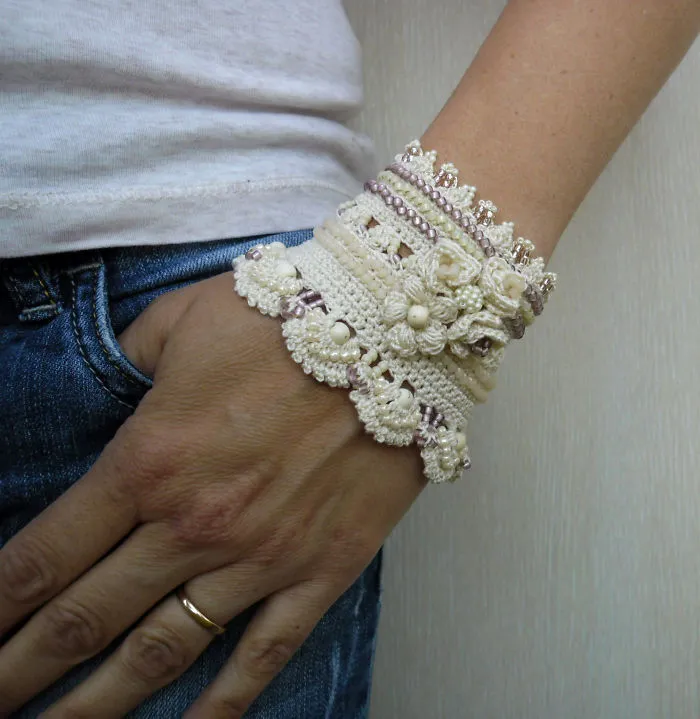 I Made This Crochet Bracelet Cuff With Japanese Seed Beads And Cotton Thread.