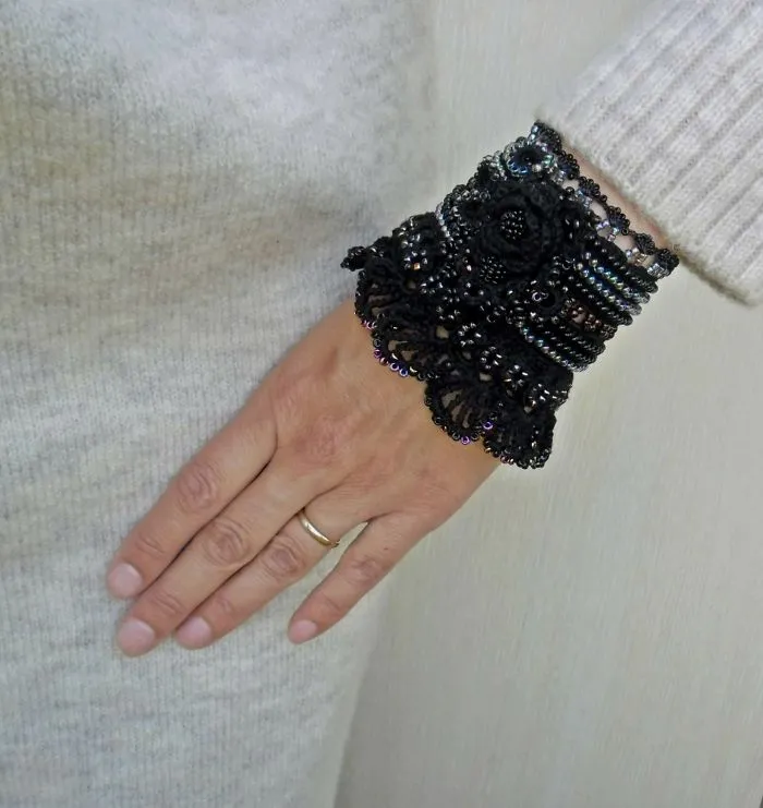 Crochet Black Cuff Bracelet With Japanese Beads.