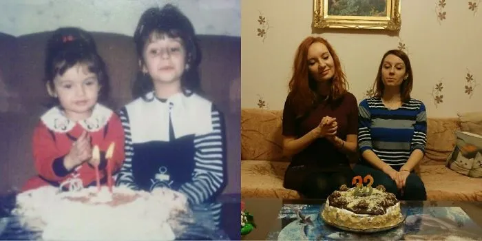 Siblings hilariously recreating childhood birthday photo with cake and candles