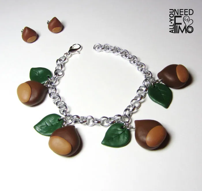 I Made These Earrings And Bracelet With Chestnuts Out Of Polymer Clay!