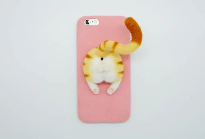 Needle Felted Cat Butt Phone Case, Yellow Tabby Cat