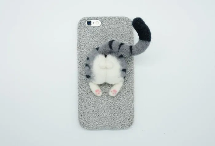 Needle Felted Cat Butt Phone Case, Gray Tabby Cat
