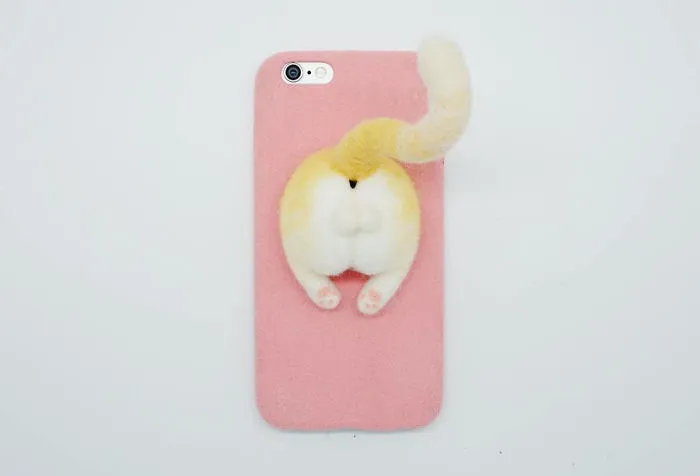 Needle Felted Cat Butt Phone Case, Yellow Cat