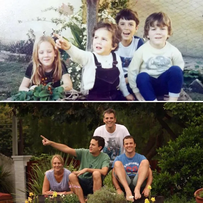Four siblings posing pointing in childhood and adult garden photos