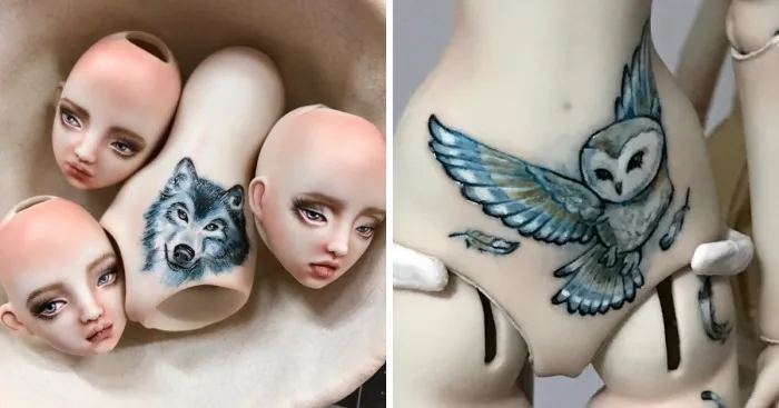 Impressive Engraved And Painted Tattoos On Small One Of A Kind Porcelain Dolls