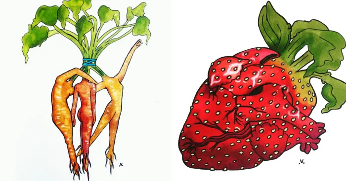 Alcohol Ink Paintings That Mix Fruit And Veggies With The Human Form