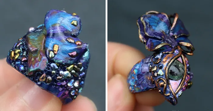 I Create Art Rings From Polymer Clay Decorated With Precious Stones And Pearls