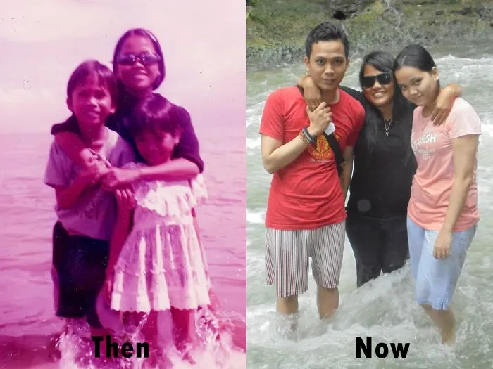 Siblings recreate old photo standing in water by a river