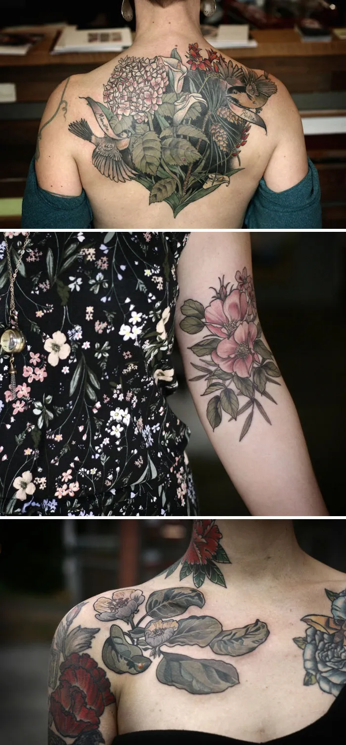Three floral tattoos: back featuring birds and lilies, arm with pink blossoms, and shoulder with bold leaf and flower design.