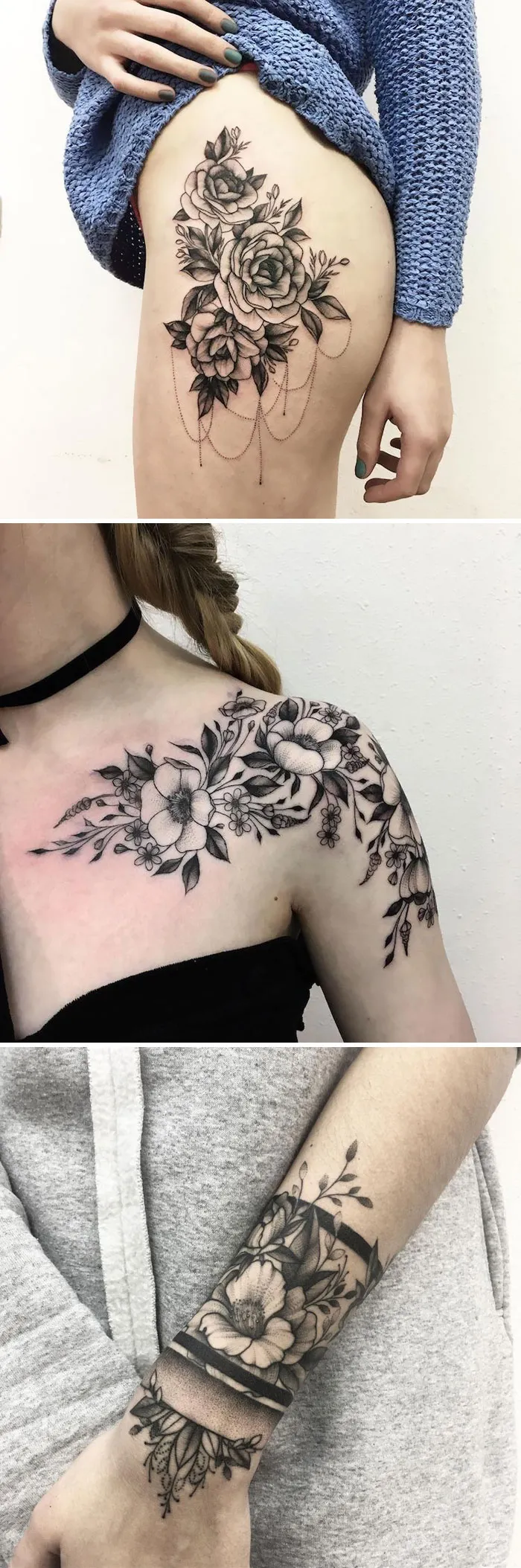 Floral tattoos on arm, shoulder, and thigh showcase intricate designs by talented artists.
