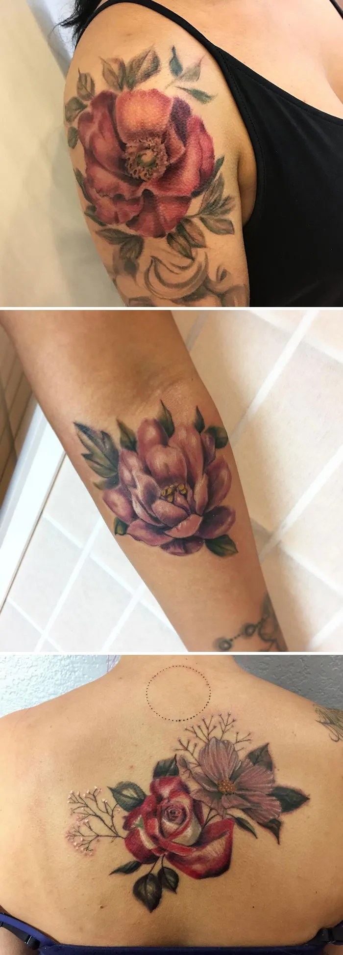Floral tattoo designs featuring roses and peonies on arm and back.