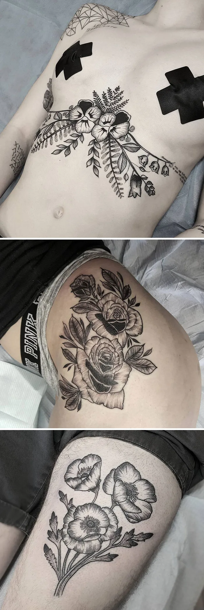Three detailed floral tattoos on skin, showcasing intricate flower designs by talented tattoo artists.