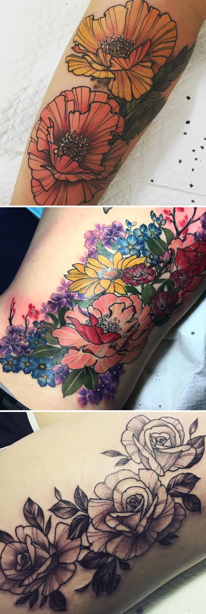 Floral tattoo designs featuring vivid peonies and roses on arms and bodies, showcasing talented tattoo artists' work.