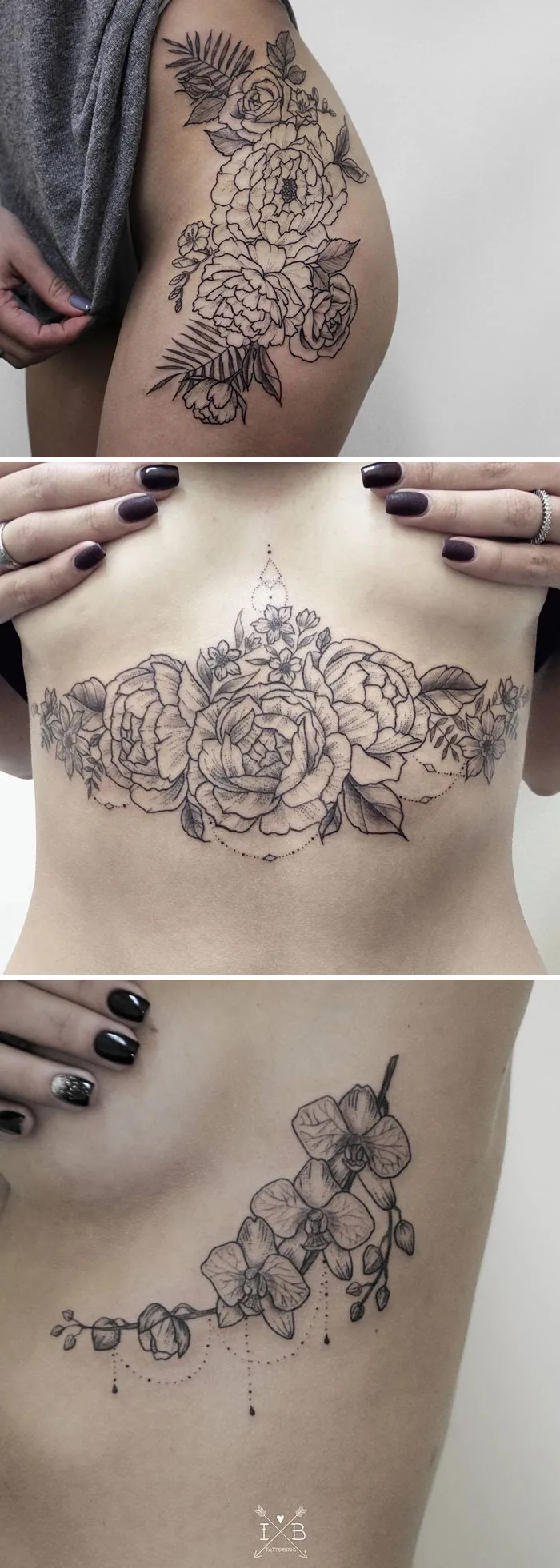 Floral tattoo designs featuring detailed peonies and orchids on skin.