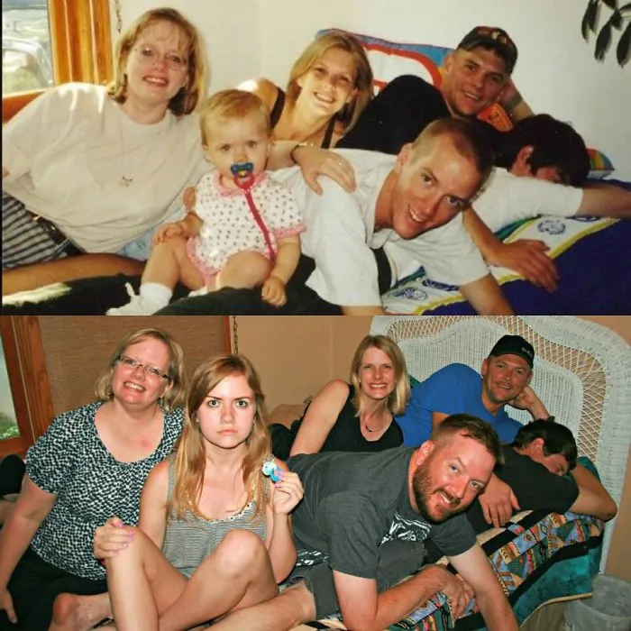 Siblings hilariously recreating childhood photo in playful pose on a bed