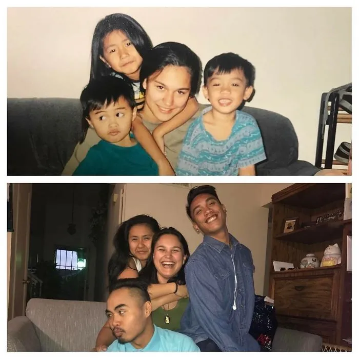 Four siblings hugging and smiling indoors recreating a childhood photo on a couch