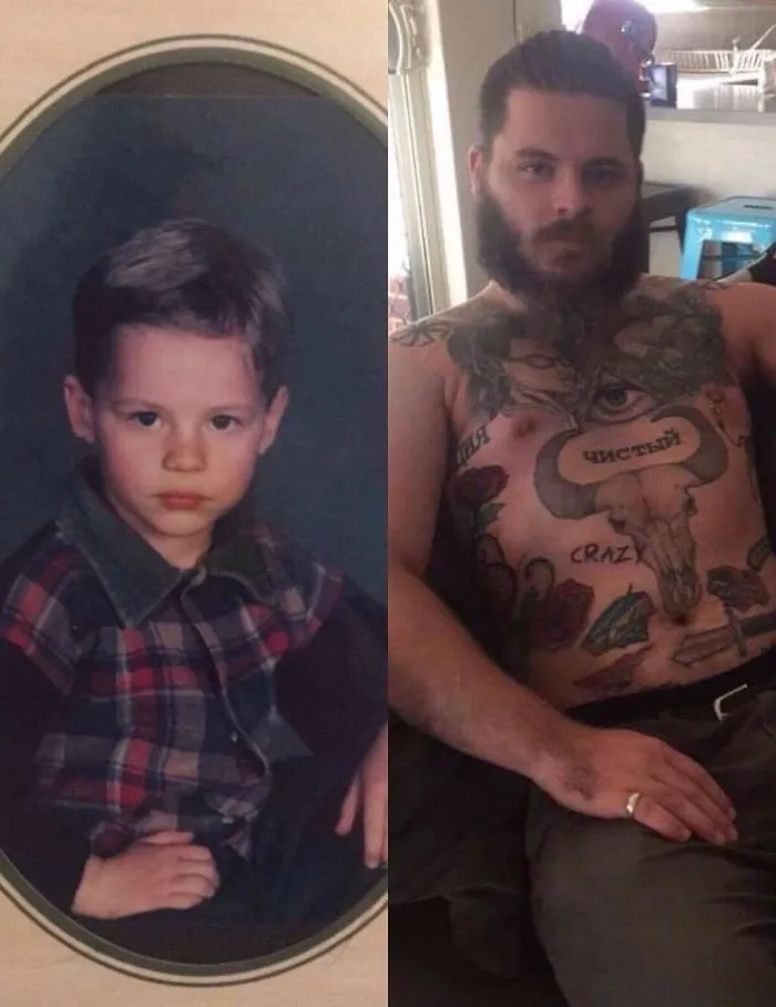 Split photo of boy in childhood portrait and grown man with tattoos