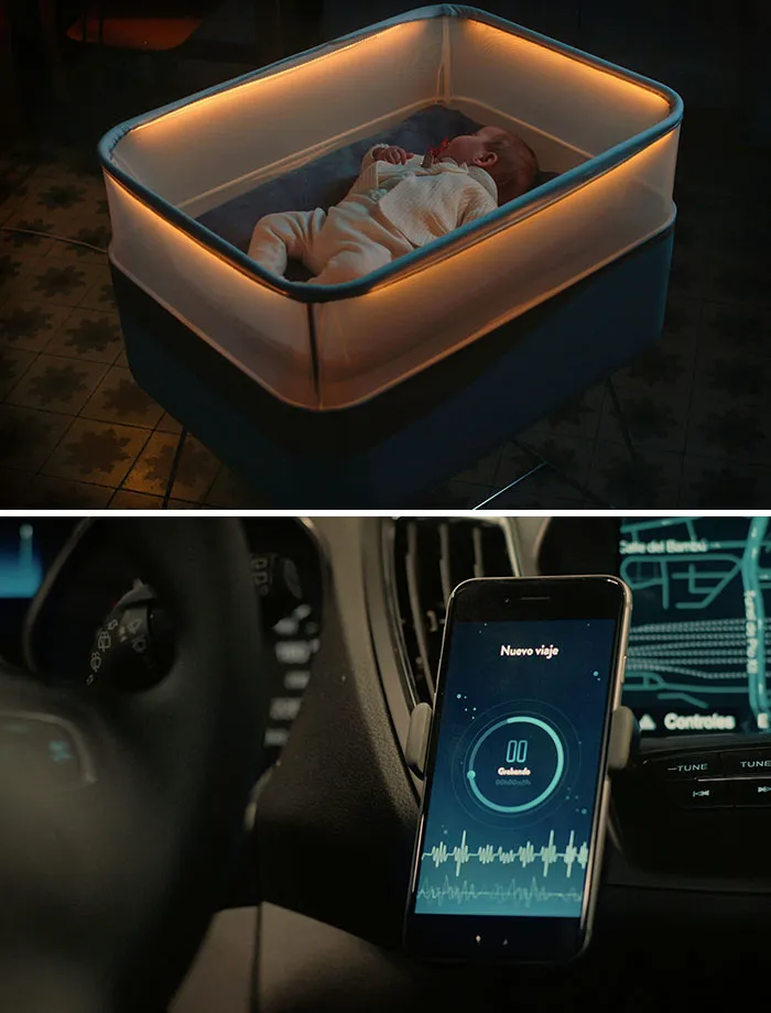 Moisés que simula estar en un coche para que el bebé se duerma más fácilmente