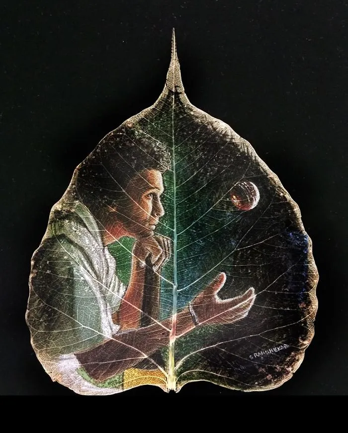 Indian Artist Paints Detailed Portraits On Skeleton Tree Leaves