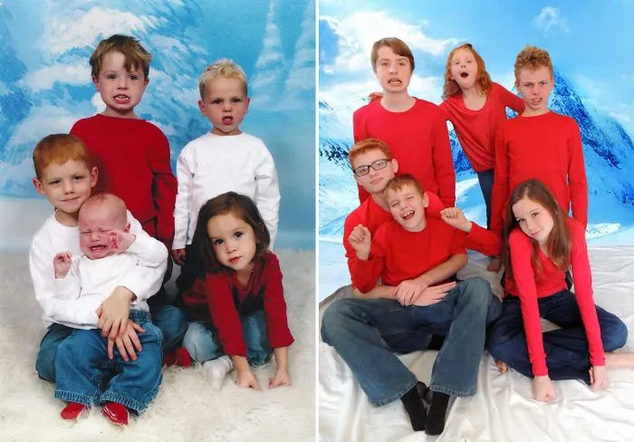 Children and adults wear red and white shirts in playful sibling photo recreation