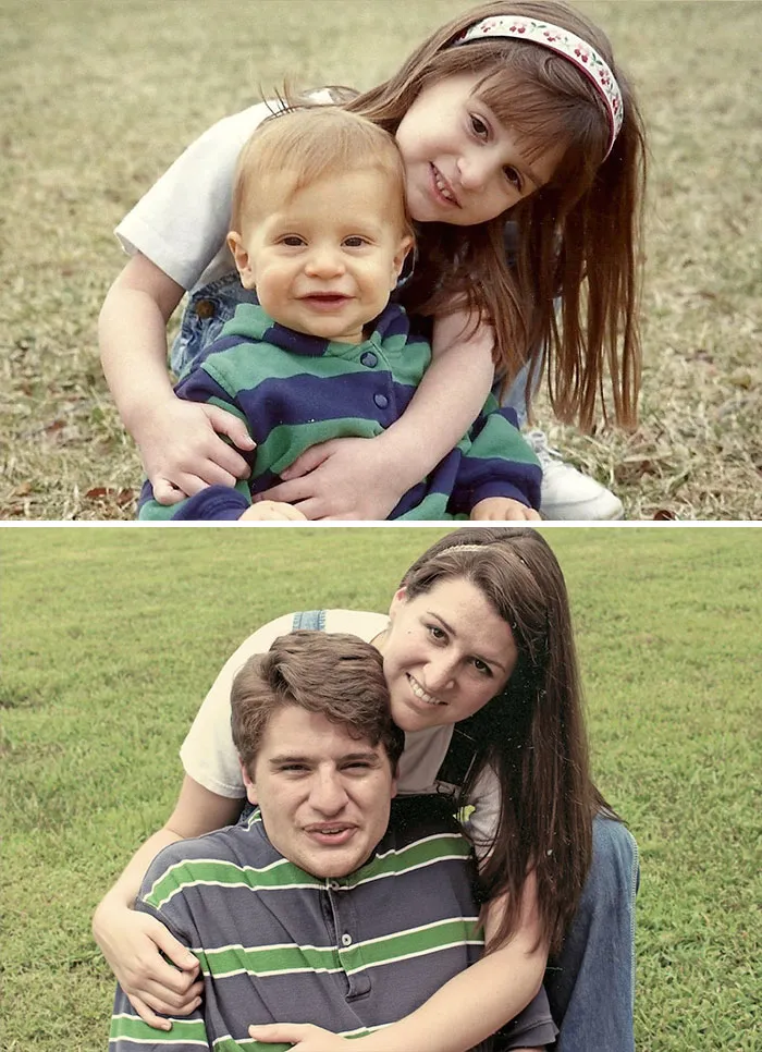 Older siblings recreating childhood photo with one hugging the other outdoors