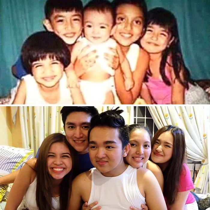 Smiling siblings pose for photo recreating childhood group portrait