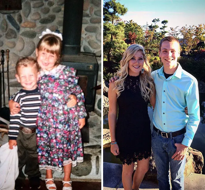 Brother and sister dressed up nicely recreate their childhood photo by fireplace