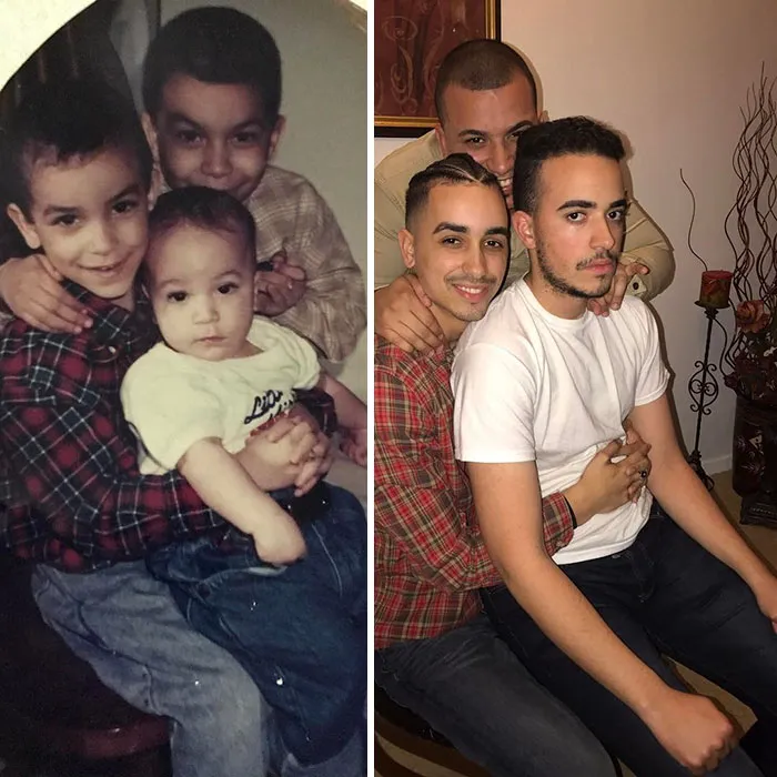 Three brothers recreating childhood photo wearing casual clothes indoors