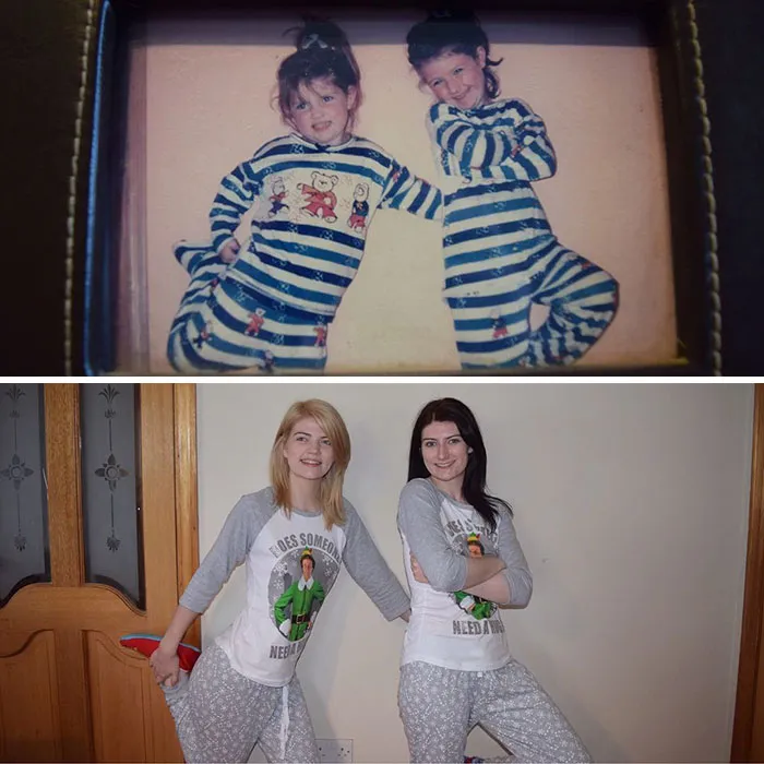 Two siblings in matching pajamas recreate childhood photo with playful poses
