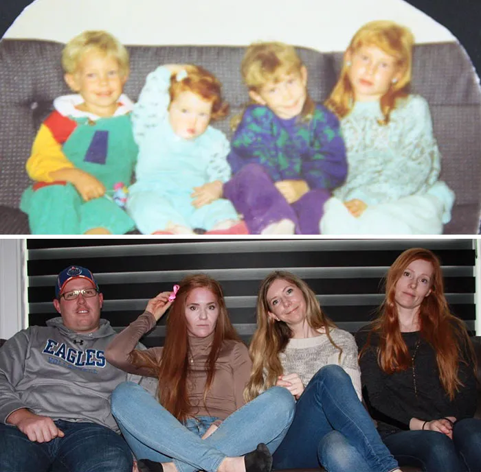 Siblings hilariously recreate their childhood photo on couch wearing casual clothes