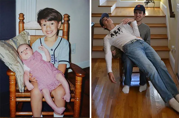 Brothers recreating childhood photo on stairs with a fun playful pose