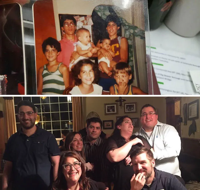 Group of siblings recreating old family photo indoors with smiling faces